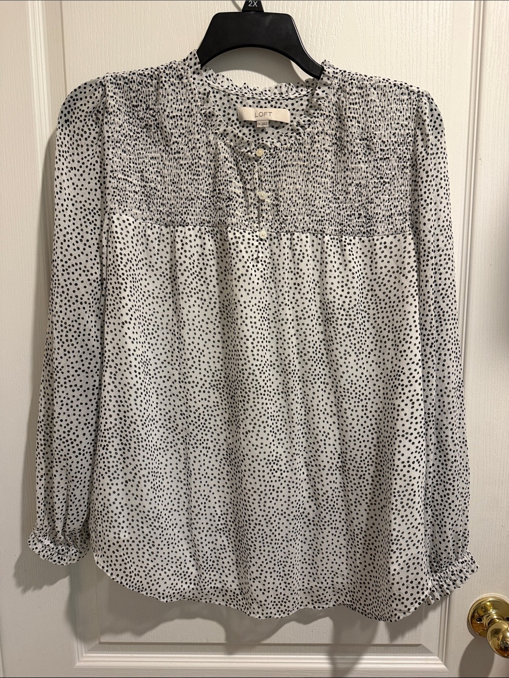 LOFT White Blouse with Black Dot Print and Smocked Yoke